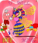  &lt;3 &lt;3_eyes arachnid arthropod blush caption clothing defeated dfkjr gloves holidays humor insect king_dedede kirby kirby_(series) kirby_triple_deluxe love nintendo pink_background plain_background pun queen_sectonia royalty size_difference spider sweat taranza valentine&#039;s_day video_games wasp wide_eyed 