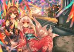  animal_ears brown_hair fox_ears green_eyes highres japanese_clothes kimono long_hair md5_mismatch monaka_natsume multiple_girls multiple_tails original red_eyes silver_hair tail 