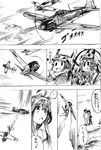  2girls admiral_(kantai_collection) aircraft airplane byeontae_jagga comic detached_sleeves fairy_(kantai_collection) flying greyscale hairband highres kantai_collection kongou_(kantai_collection) long_hair monochrome multiple_girls pilot translated type_0_fighter_model_21 type_0_fighter_model_52 