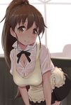  apron blush breasts brown_eyes brown_hair cleavage hanging_breasts highres large_breasts long_hair open_mouth ponytail shirt skirt smile solo sweat taneshima_popura wa_(genryusui) waitress wet wet_clothes wet_shirt working!! 