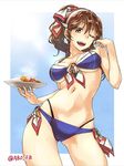  abo_(hechouchou) alternate_hairstyle ashigara_(kantai_collection) bikini blue_bikini breasts brown_eyes brown_hair commentary_request contrapposto cowboy_shot curry curry_rice food hairband kantai_collection large_breasts long_hair looking_at_viewer md5_mismatch navel one_eye_closed ponytail rice solo standing sweat swimsuit twitter_username 