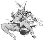  amamiya_(abaros) barefoot belt breasts cleavage dark_skin full_body guilty_gear guilty_gear_xrd hat large_breasts midriff monochrome navel ramlethal_valentine saliva short_shorts shorts simple_background thick_thighs thighs white_background 