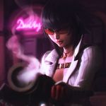  belt black_hair chromatic_aberration dark devil_may_cry devil_may_cry_4 gun ilya_kuvshinov jewelry lady_(devil_may_cry) lips looking_at_viewer necklace short_hair smoke smoking_gun solo sunglasses upper_body weapon 