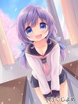  :d blue_eyes blush cherry_blossoms long_hair looking_at_viewer low_twintails open_mouth petals purple_hair school_uniform serafuku smile solo twintails usashiro_mani valhalla_valkyries 