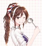  alternate_hairstyle apron ashigara_(kantai_collection) brown_eyes brown_hair fang grin hair_ornament hairband high_ponytail highres kantai_collection ladle looking_at_viewer one_eye_closed ponytail shirt sleeves_pushed_up smile solo upper_body wavy_hair white_shirt yonuko 