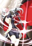  bad_id bad_pixiv_id cape covered_navel elbow_gloves flower gloves hair_flower hair_ornament highres million_arthur_(series) original red_eyes rose silver_hair solo souji sword weapon 
