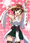  :d armpits arms_up blue_eyes brown_hair cowboy_shot detached_sleeves headgear hiei_(kantai_collection) kantai_collection kezune_(i-_-i) looking_at_viewer nontraditional_miko open_mouth plaid plaid_skirt short_hair skindentation skirt smile solo thighhighs 