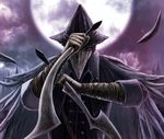  ajaco_a blades_of_mercy bloodborne cape dual_wielding eileen_the_crow feathers hat holding mask moon plague_doctor sword weapon 
