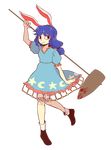  1girl animal_ears blood blue_dress blue_hair bunny_ears dress highres kia_(tumblr) knees_together_feet_apart mallet moon ponytail puffy_short_sleeves puffy_sleeves red_eyes seiran_(touhou) shoes short_sleeves simple_background smile socks solo stain star touhou transparent_background 
