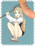  1girl blonde_hair blue_eyes food fork long_hair looking_at_viewer michito_sorataka open_mouth polka_dot_background sausage sitting thighs 