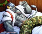  2018 5_fingers anthro bed blue_hair caprine christmas clothed clothing condom eye_scar fur goat grey_fur hair hi_res holding_condom holding_object holidays horn inside krampus looking_at_viewer lying male mammal muscular muscular_male navel on_back on_bed open_vest orange_hair pants primodrago scar smile solo tokyo_afterschool_summoners video_games 