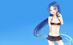  adjusting_hair alternate_costume arm_behind_back bangs bikini blue_background blue_eyes blue_hair gradient gradient_background gradient_hair highres kantai_collection long_hair looking_at_viewer lzd multicolored_hair navel open_mouth samidare_(kantai_collection) simple_background skirt smile solo swept_bangs swimsuit very_long_hair 