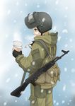  absurdres ak-47 assault_rifle blonde_hair commentary fingerless_gloves food fork from_behind gloves gun helmet highres military military_uniform millimeter noodles original rifle russia snowing solo spetsnaz uniform weapon yellow_eyes 