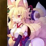  ;d animal_ears antenna_hair blonde_hair blush breasts eyebrows fang fox_ears fox_tail izuna_(shinrabanshou) large_breasts long_hair multiple_tails one_eye_closed open_mouth red_eyes saru_000 shinrabanshou smile solo tail 