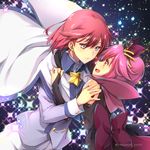 1girl :d bare_shoulders blue_eyes bow bridal_gauntlets brown_eyes cloak earrings hand_on_another's_chest hand_on_another's_shoulder hetero houkago_no_pleiades jewelry minato_(houkago_no_pleiades) open_mouth pink_hair red_hair shuri_yasuyuki sky smile sparkle star star_(sky) starry_sky subaru_(houkago_no_pleiades) twitter_username 