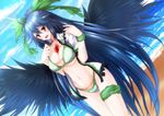  adapted_costume ahoge bangs bikini black_hair black_wings blue_sky blush bow breast_squeeze breasts cleavage cloud collarbone day frilled_shirt frills g_(desukingu) green_bikini hair_bow hands_up horizon large_breasts large_wings long_hair navel ocean open_clothes open_mouth open_shirt perspective red_eyes reiuji_utsuho sand shiny shiny_hair shirt short_sleeves sky slit_pupils smile solo stomach swimsuit thighs third_eye toned touhou very_long_hair wings 