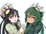  2girls brown_eyes dark_skin filia_(skullgirls) fukua_(skullgirls) halftone halftone_background long_hair multiple_girls open_mouth parasite red_eyes samson_(skullgirls) shamone_(skullgirls) skullgirls smile teeth yellow_eyes 