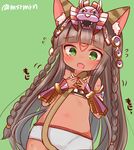  animal_ears bangs bastet_(p&amp;d) blunt_bangs blush braid cat_ears d: flying_sweatdrops green_background headdress long_hair marshmallow_mille midriff nail_polish navel open_mouth puzzle_&amp;_dragons red_nails solo tail tattoo twin_braids twitter_username vambraces wavy_mouth 