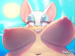  2015 anthro areola bat big_breasts big_ears black_nose blue_eyes blush breasts cloudscape depth_of_field erect_nipples female ken17 looking_at_viewer looking_down mammal navel nipples rouge_the_bat sky smile solo sonic_(series) sun under_boob 