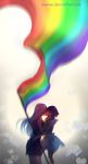  black_hair couple flag kiss long_hair multiple_girls original pink_hair rainbow_flag short_hair watermark web_address wenqing_yan yuri 