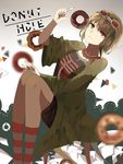  absurdres bad_id bad_pixiv_id brown_eyes chocolate_(jitong) closed_mouth donut_hole_(vocaloid) doughnut food goggles goggles_on_head green_hair green_jacket gumi hand_on_own_knee highres jacket jewelry necklace paper shirt shorts socks solo song_name striped striped_legwear vocaloid 