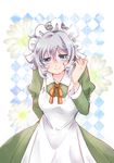  apron bad_id bad_pixiv_id blue_eyes dungeon_ni_deai_wo_motomeru_no_wa_machigatteiru_darou_ka flower grey_hair looking_at_viewer maid_headdress smile solo syr_flover yamakei3811 