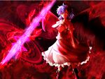  arm_at_side ascot aura bat_wings blue_hair boots brooch electricity energy frilled_shirt frilled_shirt_collar frilled_skirt frills grin hand_up highres jewelry large_wings magic_circle matsufox no_hat no_headwear pink_shirt pink_skirt red red_eyes remilia_scarlet shirt short_hair skirt slit_pupils smile solo spear_the_gungnir touhou wings 