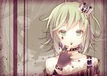  bare_shoulders belt black_gloves cross crown fingerless_gloves fingernails gloves green_eyes green_hair gumi jewelry markings nail_polish neck_ring open_hand open_mouth purple_nails see-through short_hair solo spikes striped vocaloid yuduki 