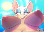  2015 anthro areola bat big_breasts big_ears black_nose blue_eyes blush breasts cloudscape erect_nipples female ken17 looking_at_viewer looking_down mammal navel nipples rouge_the_bat sky smile solo sonic_(series) sun under_boob 