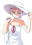  alternate_costume armpit_peek bag bare_arms bare_shoulders blue_eyes casual collarbone dress eyebrows_visible_through_hair fingernails hair_between_eyes hand_on_headwear hands_up hat highres ichifuji_nitaka_(phase_nine) kantai_collection looking_at_viewer parted_lips pink_hair red_ribbon ribbon shiranui_(kantai_collection) sidelocks sleeveless sleeveless_dress smile solo sun_hat sundress upper_body white_dress white_hat 