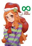  4chan 8chan artist_name artist_request bags_under_eyes bangs blush christmas colored_stripes english freckles green_eyes hair_ornament hat highres infinity jpeg_artifacts long_hair looking_at_viewer orange_hair sack santa_hat sidelocks smile solo striped striped_hoodie vivian_james 