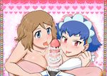  2girls blue_eyes blue_hair blush breasts brown_hair cleavage gouguru gradient gradient_background large_breasts looking_at_viewer millefeui_(pokemon) multiple_girls open_mouth pokemon pokemon_(anime) red_eyes satoshi_(pokemon) serena_(pokemon) tongue tongue_out 