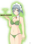  bikini cocktail_glass drinking_glass dungeon_ni_deai_wo_motomeru_no_wa_machigatteiru_darou_ka green_bikini grey_eyes grey_hair highres jian02051993 looking_at_viewer maid_headdress midriff navel short_hair smile solo swimsuit syr_flover 