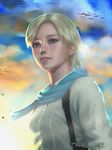  bad_id bad_pixiv_id bird blonde_hair blue_eyes gohpot highres realistic resident_evil resident_evil_6 scarf sherry_birkin shirt short_hair signature sky solo strap upper_body watermark web_address white_shirt 