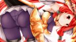 1girl arc_system_works armor armored_dress ass bare_shoulders bent_over blazblue blazblue:_chronophantasma blush bodysuit breasts cameltoe detached_sleeves faulds from_behind hair_tubes huge_ass inaba_sunimi izayoi_(blazblue) long_hair looking_back open_mouth panties panties_under_pantyhose pantyhose parted_lips ponytail red_eyes red_hair skirt solo sword tsubaki_yayoi underwear upskirt very_long_hair weapon 