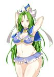  adapted_costume armpits arms_behind_head aura bangs belly blush bow breasts cleavage colored_eyelashes covered_nipples frilled_swimsuit frills green_eyes green_hair hat hat_ribbon highres hips kanta_(x-tei) large_breasts lips long_hair looking_up mima navel nose ribbon shiny shiny_skin skindentation smile solo swimsuit thighs touhou touhou_(pc-98) very_long_hair wide_hips 