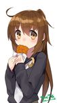  black_serafuku brown_eyes brown_hair commentary_request crescent croquette dated eating fumizuki_(kantai_collection) highres kantai_collection kuro_chairo_no_neko long_hair looking_at_viewer mouth_hold neckerchief ponytail school_uniform serafuku simple_background solo twitter_username upper_body white_background white_neckwear 
