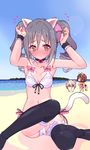  animal_ears beach bikini breasts brown_hair cat_ears day drill_hair green_eyes idolmaster idolmaster_cinderella_girls k10k kanzaki_ranko long_hair maekawa_miku medium_breasts multiple_girls producer_(idolmaster_cinderella_girls_anime) red_eyes silver_hair swimsuit thighhighs twin_drills twintails 