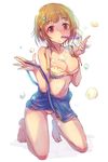  bare_legs barefoot bikini breasts brown_eyes brown_hair bubble bubble_blowing hair_ornament idolmaster idolmaster_cinderella_girls kara_(color) kitami_yuzu kneeling looking_at_viewer medium_breasts overalls short_hair solo swimsuit 