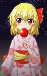  alternate_costume blush candy_apple eating floral_print food hair_ribbon japanese_clothes kimono long_sleeves looking_at_viewer obi red_eyes ribbon rumia sash sky solo star_(sky) starry_sky teoi_(good_chaos) touhou wide_sleeves 