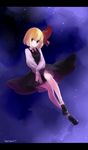  absurdres ascot bare_legs black_dress blonde_hair dress full_body hair_ribbon highres legs loafers long_sleeves looking_at_viewer namauni purple_eyes ribbon rumia shirt shoes signature sky smile solo star_(sky) starry_sky touhou upskirt wind wind_lift 
