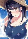  adjusting_clothes adjusting_swimsuit ahoge bird black_hair blue_swimsuit blush bow breasts brown_eyes hat highres kantai_collection large_breasts long_hair ocean one-piece_swimsuit open_mouth polka_dot polka_dot_swimsuit solo soramuko swimsuit ushio_(kantai_collection) 