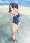  alternate_hairstyle beach black_hair blue_sky blue_swimsuit breasts brown_eyes cloud day full_body kantai_collection kantori large_breasts long_hair one-piece_swimsuit outdoors polka_dot polka_dot_swimsuit ponytail sand sandals sky smile solo swimsuit ushio_(kantai_collection) water 