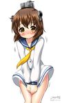  bangs blush brown_hair dress dress_tug hair_ornament horns kantai_collection neckerchief sailor_dress solo white_dress yellow_eyes yellow_neckwear yukikaze_(kantai_collection) yuuki_hb 