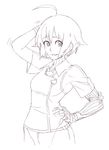  ahoge amputee arm_on_head arm_up cyborg dana_zane hand_on_hip kiririn51 looking_at_viewer short_hair sketch smile solo va-11_hall-a 