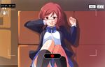  blazer blue_bow blue_neckwear blush bow bowtie covering_mouth jacket long_sleeves looking_at_viewer love_live! love_live!_school_idol_project nanotsuki nishikino_maki purple_eyes recording red_hair short_hair sitting solo striped striped_bow striped_neckwear viewfinder 