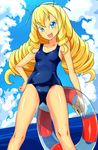  :d ass_visible_through_thighs blonde_hair breasts colored_eyelashes drill_hair fukuouji_laura hand_on_hip highres innertube jewelpet_(series) jewelpet_magical_change long_hair looking_at_viewer old_school_swimsuit one-piece_swimsuit open_mouth school_swimsuit small_breasts smile solo swimsuit water zasshu_nigou 