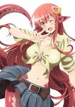  1girl blush breasts cleavage fang female front-tie_top front-tied_shirt lamia large_breasts long_hair looking_at_viewer miia_(monster_musume) monster_girl monster_musume_no_iru_nichijou navel official_art open_mouth pointy_ears red_hair simple_background skirt slit_pupils smile snake_tail solo v wink yellow_eyes 