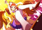  aida_takanobu amanogawa_kirara armpits arms_up bow bowtie cure_twinkle detached_collar earrings flat_chest go!_princess_precure grin hairband headwear high_heels jewelry long_hair long_legs magical_girl motion_blur orange_hair precure purple_eyes sleeveless smile solo star star_earrings teeth thighhighs twintails very_long_hair white_legwear wrist_cuffs 