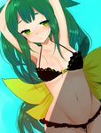  armpits arms_up bikini black_bikini blue_background blush cowboy_shot dutch_angle eyebrows gatchaman_crowds green_eyes green_hair hair_flaps han_(jackpot) long_hair navel solo swimsuit thigh_gap utsutsu very_long_hair 